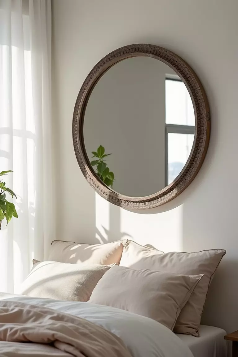 Spiegel Platzieren Ein professionelles Foto, vergleichbar mit einem Foto in einer Zeitschrift für Wohndesign, von einem dekorativen Spiegel an einer Wand im Schlafzimmer, der Licht reflektiert und den Raum größer wirken lässt. Kein Text oder Wörter im Bild. Die Aufforderung sollte weniger als 35 Wörter umfassen und in einem einzigen Satz stehen (Sie können Kommas zur Unterbrechung verwenden).