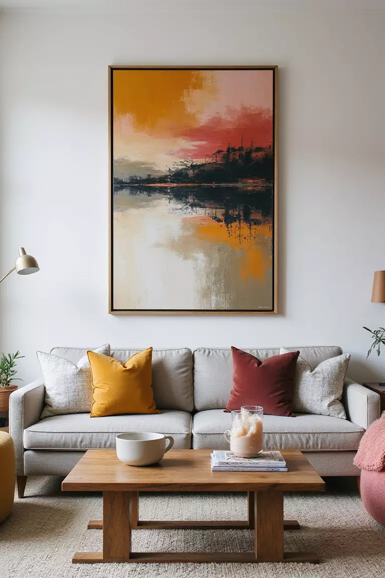 Kunstwerke A professional photo, similar to a photo in a home design magazine, of a large, abstract painting hanging above a sofa in a modern living room, acting as a focal point. Complementary colors.