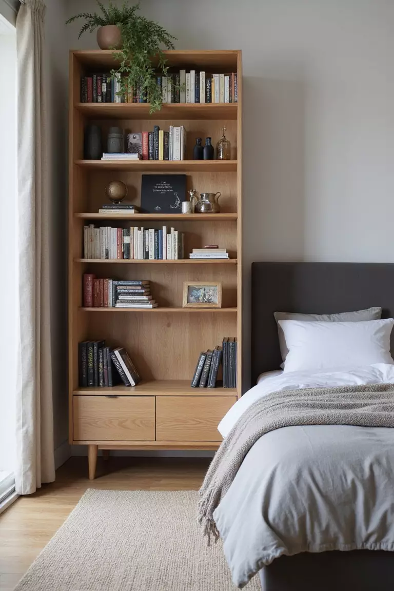 Bücherregal Einrichten Ein professionelles Foto, vergleichbar mit einem Foto in einer Zeitschrift für Wohndesign, von einem kleinen Bücherregal, gefüllt mit Büchern und einigen dekorativen Gegenständen, das neben einem Bett oder Sessel steht. Kein Text oder Wörter im Bild. Die Aufforderung sollte weniger als 35 Wörter umfassen und in einem einzigen Satz stehen (Sie können Kommas zur Unterbrechung verwenden).