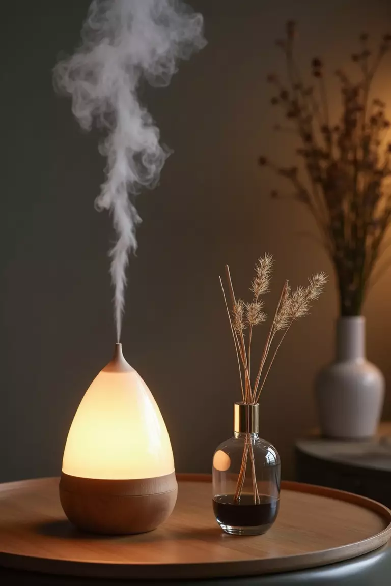 Duftkerzen Oder Diffusor Nutzen Ein professionelles Foto, vergleichbar mit einem Foto in einer Zeitschrift für Wohndesign, von einem eleganten Aromadiffusor oder einer Duftkerze auf einem Nachttisch, die einen sanften Duft verbreiten. Kein Text oder Wörter im Bild. Die Aufforderung sollte weniger als 35 Wörter umfassen und in einem einzigen Satz stehen (Sie können Kommas zur Unterbrechung verwenden).