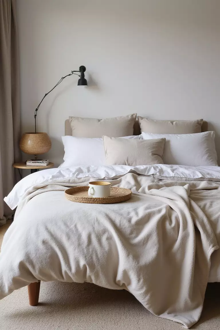Bequeme Bettwäsche Auswählen Ein professionelles Foto, vergleichbar mit einem Foto in einer Zeitschrift für Wohndesign, von einem Bett mit weicher, einladender Bettwäsche aus natürlichen Materialien wie Leinen oder Baumwolle in beruhigenden Farben. Kein Text oder Wörter im Bild. Die Aufforderung sollte weniger als 35 Wörter umfassen und in einem einzigen Satz stehen (Sie können Kommas zur Unterbrechung verwenden).
