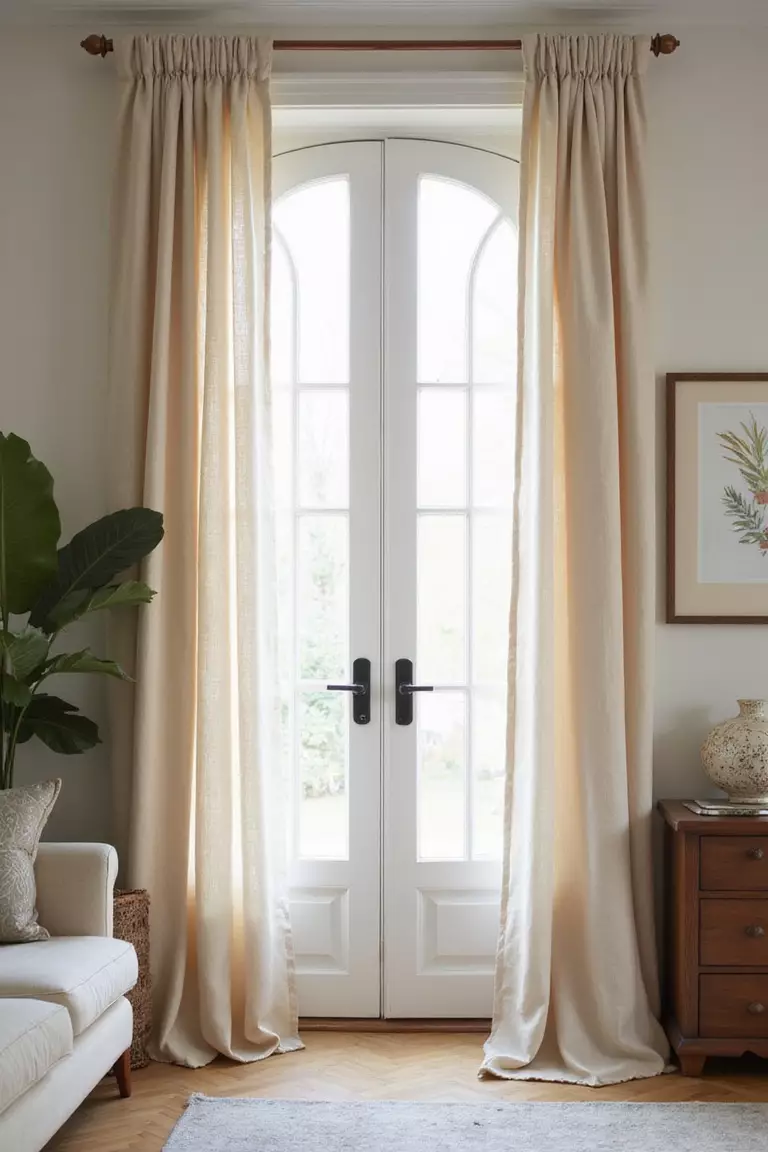Weiche Vorhänge am Fenster A professional photo, similar to a photo in a home design magazine, of long, flowing curtains in a soft, light fabric like linen, gently diffusing sunlight in a cozy living room. No text or words.