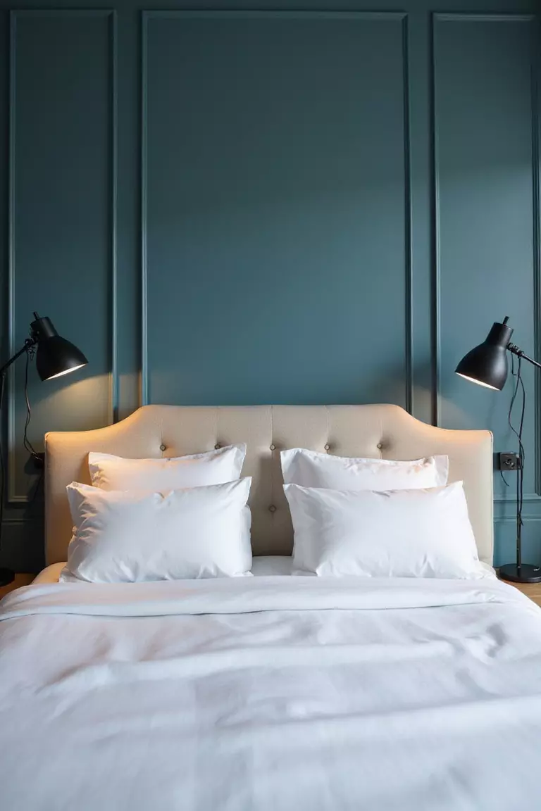 Akzentwand In Anthrazit Ein professionelles Foto, vergleichbar mit einem Foto in einer Zeitschrift für Wohndesign, von einer anthrazitfarbenen Akzentwand hinter einem Bett mit weißer Bettwäsche und schwarzen Metallleuchten auf beiden Seiten.