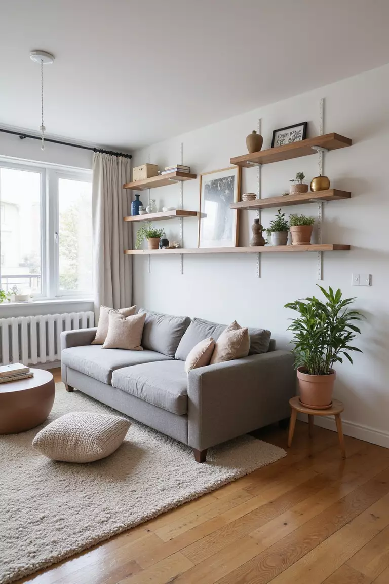 Platzsparende Möbel Für Kleine Räume A professional photo, similar to a photo in a home design magazine, of a small living room with clever space-saving furniture, like a sofa bed and wall-mounted shelves, maximizing the area.