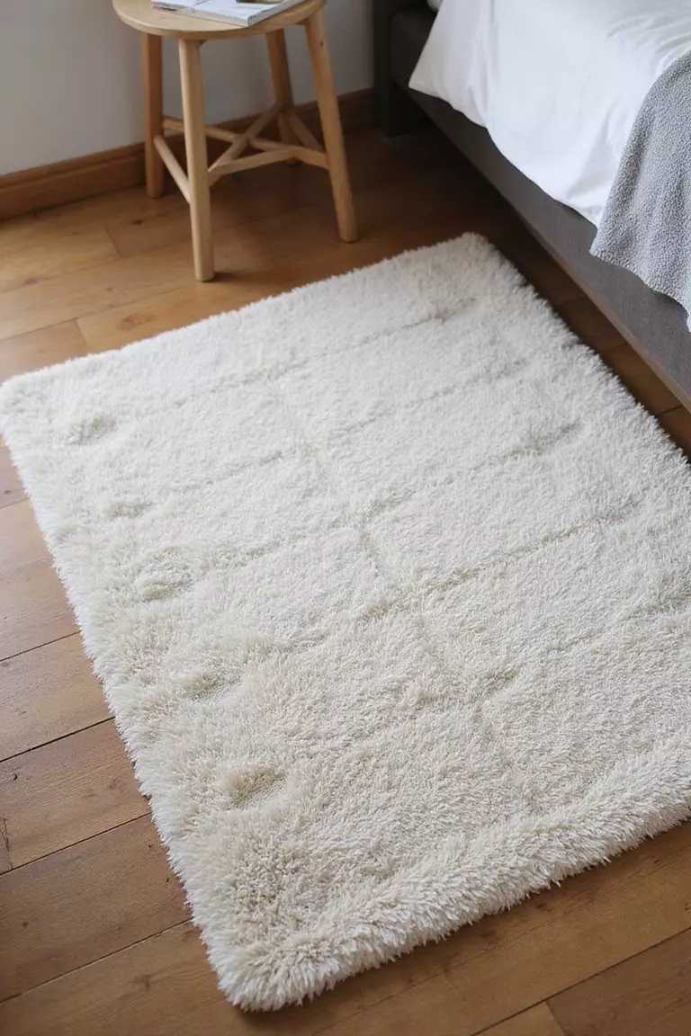 Teppiche Verlegen Ein professionelles Foto, vergleichbar mit einem Foto in einer Zeitschrift für Wohndesign, von einem weichen, flauschigen Teppich neben einem Bett auf einem Holzboden, der Textur und Wärme hinzufügt. Kein Text oder Wörter im Bild. Die Aufforderung sollte weniger als 35 Wörter umfassen und in einem einzigen Satz stehen (Sie können Kommas zur Unterbrechung verwenden).