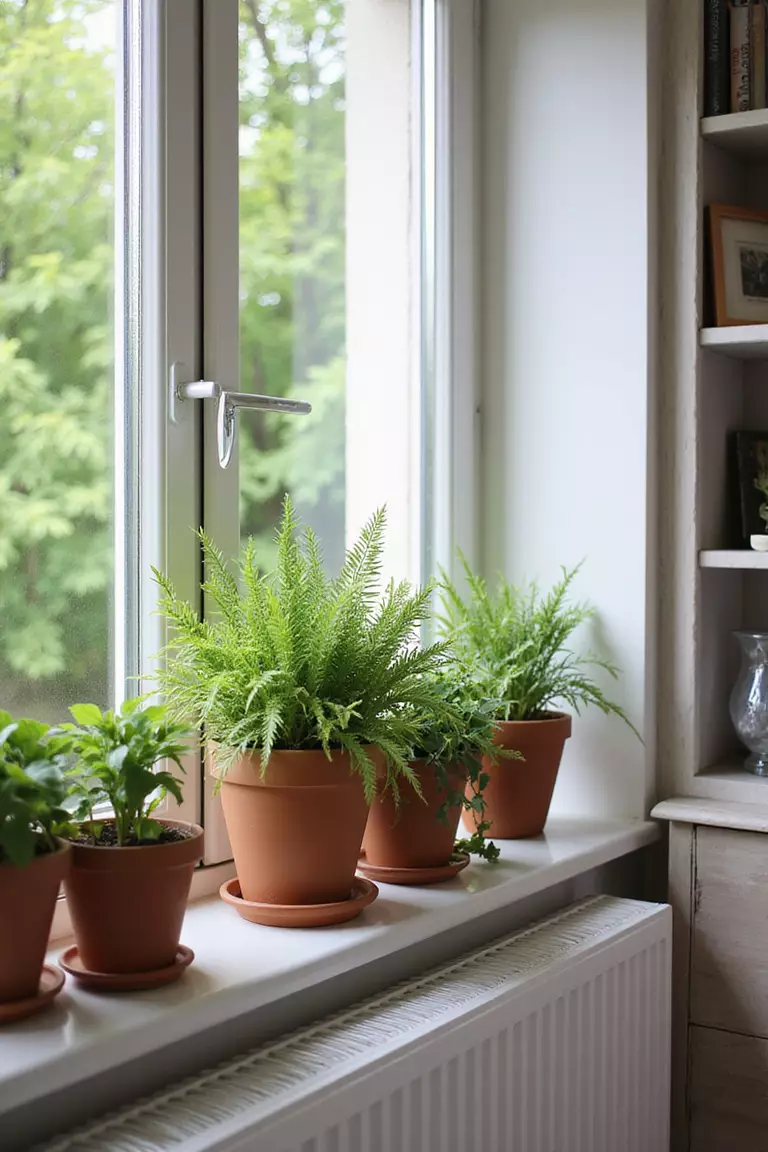 Pflanzen Hinstellen Ein professionelles Foto, vergleichbar mit einem Foto in einer Zeitschrift für Wohndesign, von einigen Zimmerpflanzen in schönen Töpfen auf einer Fensterbank oder einem Regal im Schlafzimmer, die Leben bringen. Kein Text oder Wörter im Bild. Die Aufforderung sollte weniger als 35 Wörter umfassen und in einem einzigen Satz stehen (Sie können Kommas zur Unterbrechung verwenden).