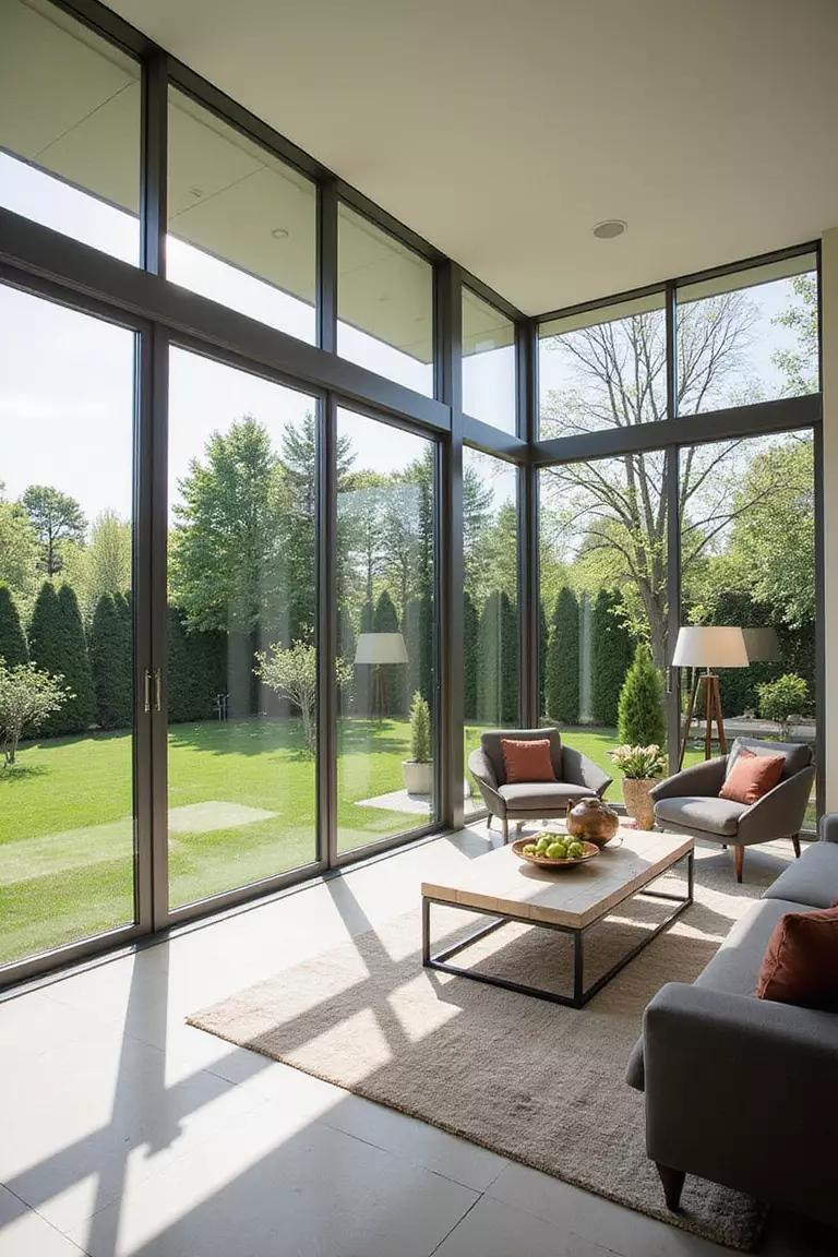 Große Fenster A professional photo, similar to a photo in a home design magazine, of a modern living room with floor-to-ceiling windows offering an expansive view of a garden. Bright, natural light fills the room.