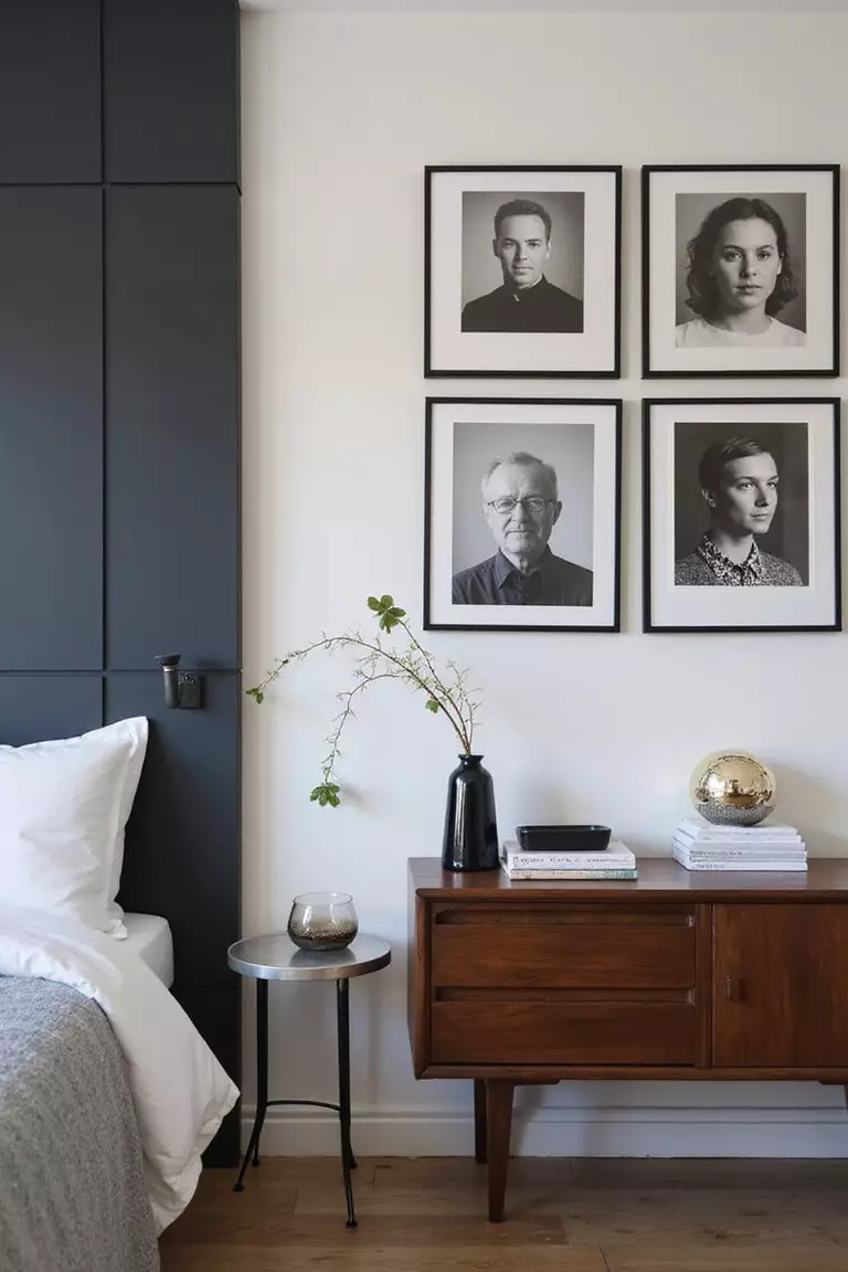Persönliche Fotos Aufstellen Ein professionelles Foto, vergleichbar mit einem Foto in einer Zeitschrift für Wohndesign, von einigen gerahmten persönlichen Fotos auf einem Regal oder Nachttisch, die dem Raum eine persönliche Note verleihen. Kein Text oder Wörter im Bild. Die Aufforderung sollte weniger als 35 Wörter umfassen und in einem einzigen Satz stehen (Sie können Kommas zur Unterbrechung verwenden).