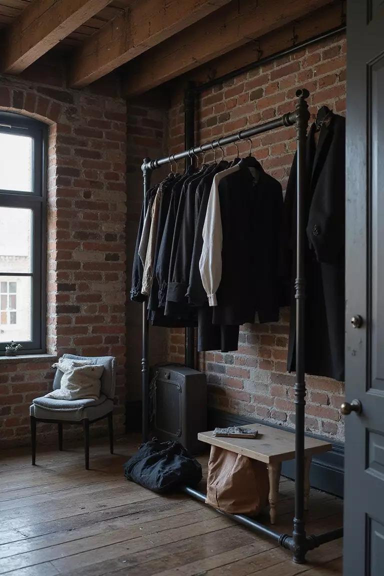 A professional photo, comparable to one in a home design magazine, of a dark bedroom with an exposed brick wall and black metal pipes as a clothes rack.