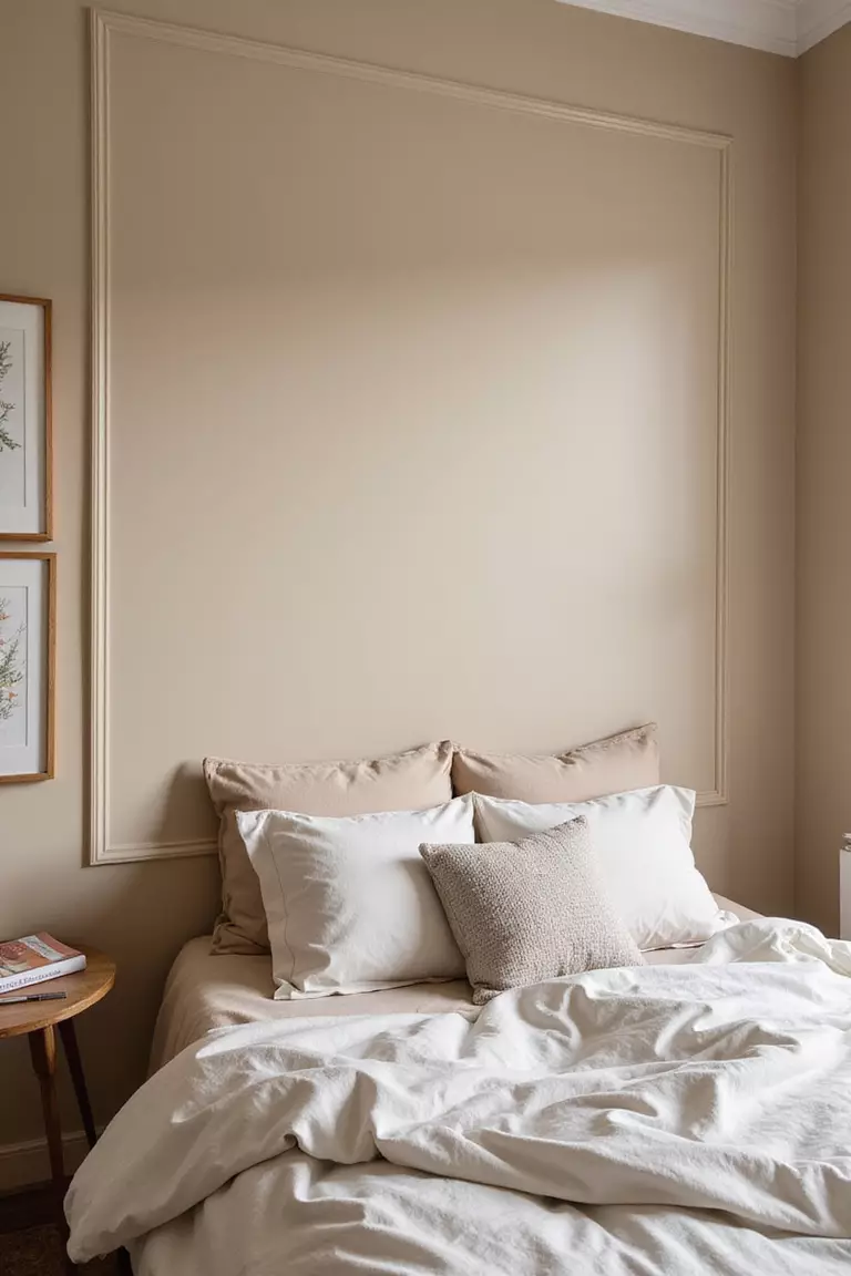 Warme Farben Nutzen Ein professionelles Foto, vergleichbar mit einem Foto in einer Zeitschrift für Wohndesign, von einer Schlafzimmerwand, gestrichen in einem warmen Beige oder Terrakotta Ton, mit einem Teil eines Bettes sichtbar.