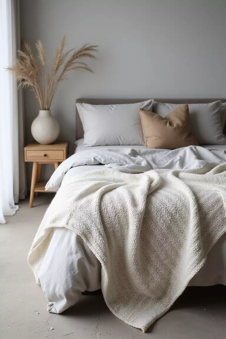 Weiche Decken Bereitlegen Ein professionelles Foto, vergleichbar mit einem Foto in einer Zeitschrift für Wohndesign, von einer grob gestrickten Wolldecke, lässig über das Fußende eines Bettes oder einen Sessel drapiert. Kein Text oder Wörter im Bild. Die Aufforderung sollte weniger als 35 Wörter umfassen und in einem einzigen Satz stehen (Sie können Kommas zur Unterbrechung verwenden).