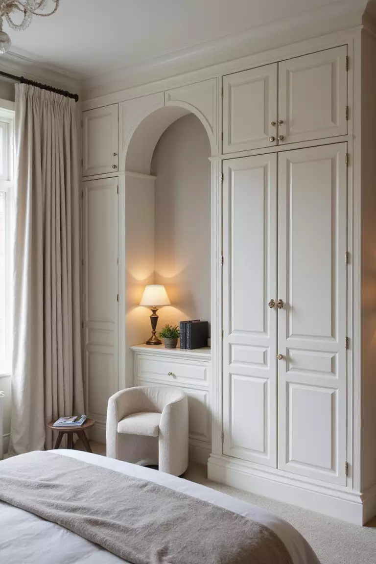 Maßgefertigte Einbauschränke Ein professionelles Foto, vergleichbar mit einem Foto in einer Zeitschrift für Wohndesign, von eleganten, maßgefertigten Einbauschränken, die sich nahtlos an die Dachschräge eines Schlafzimmers anpassen.