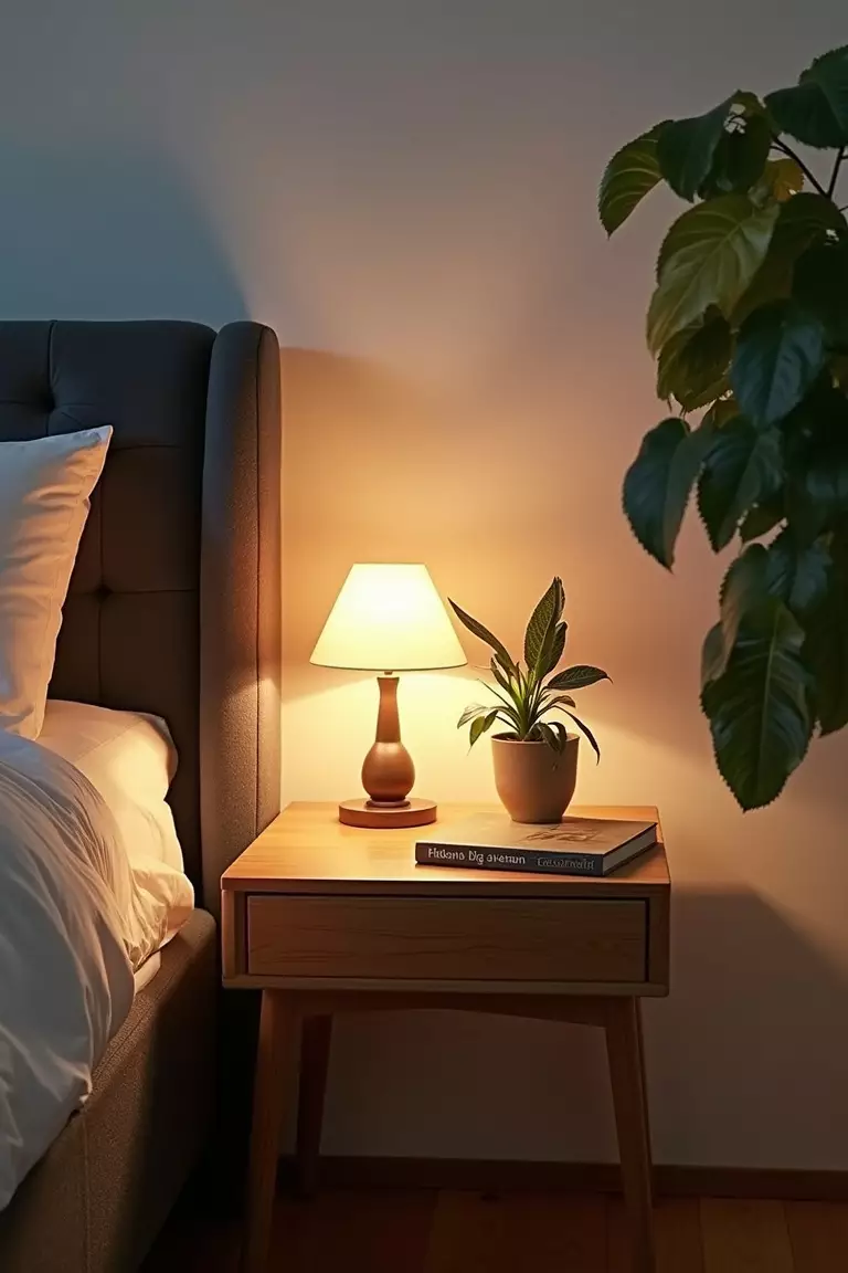 Weniger Technik Nutzen Ein professionelles Foto, vergleichbar mit einem Foto in einer Zeitschrift für Wohndesign, von einem Nachttisch ohne sichtbare elektronische Geräte, stattdessen mit einem Buch und einer kleinen Pflanze. Kein Text oder Wörter im Bild. Die Aufforderung sollte weniger als 35 Wörter umfassen und in einem einzigen Satz stehen (Sie können Kommas zur Unterbrechung verwenden).