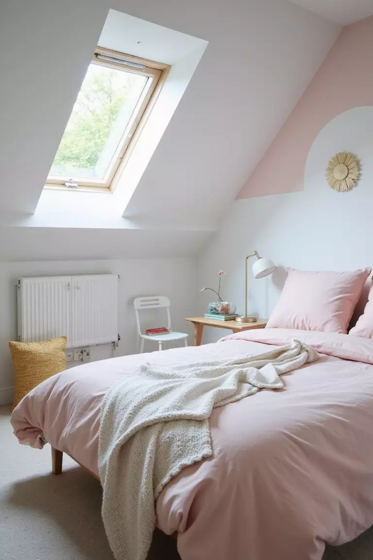 Helle Farben Nutzen Ein professionelles Foto, vergleichbar mit einem Foto in einer Zeitschrift für Wohndesign, von einem hellen Dachschlafzimmer mit weißen Wänden, pastellfarbenen Akzenten und viel natürlichem Licht, das durch ein Dachfenster fällt.