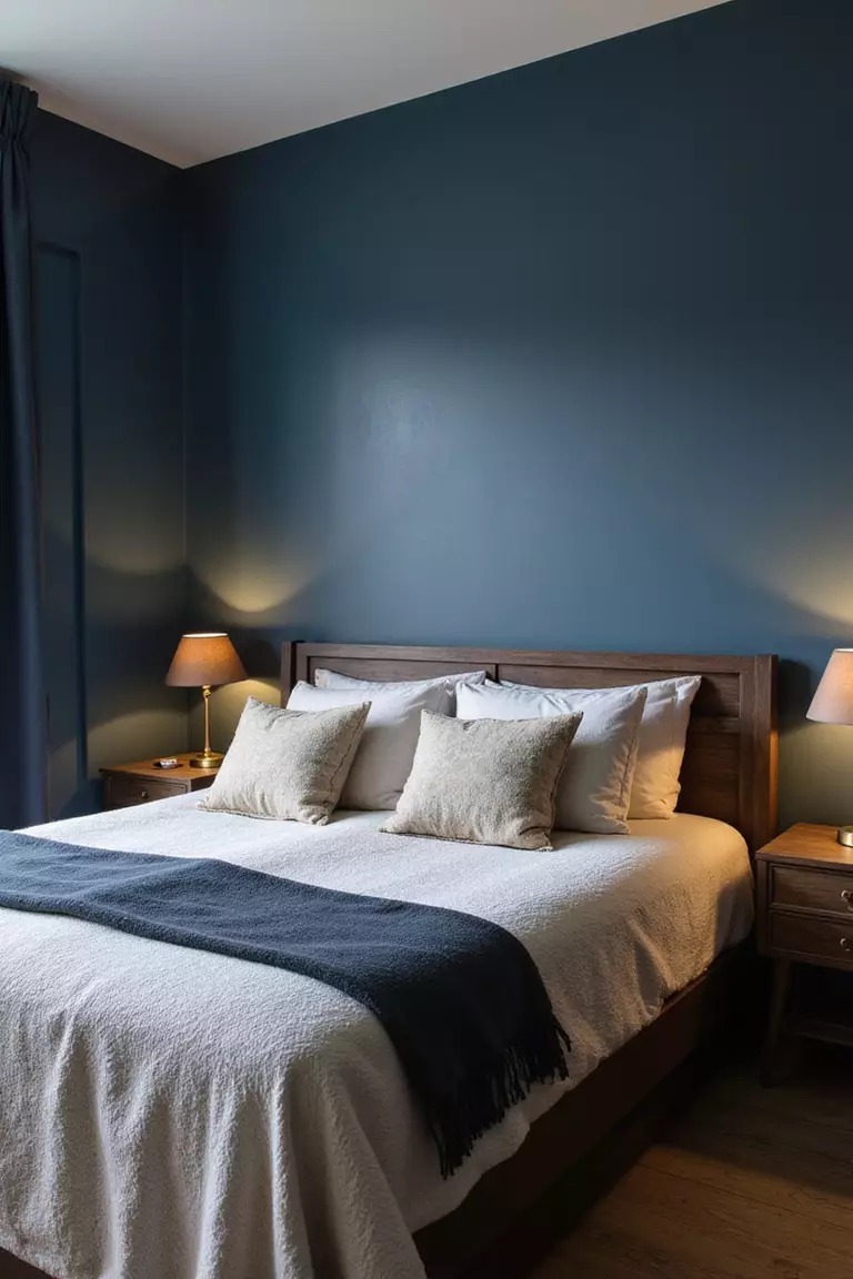 Wände In Tiefem Blau Ein professionelles Foto, vergleichbar mit einem Foto in einer Zeitschrift für Wohndesign, von einem Schlafzimmer mit marineblauen Wänden, einem dunklen Holzbett mit beiger Bettwäsche und goldenen Nachttischlampen.