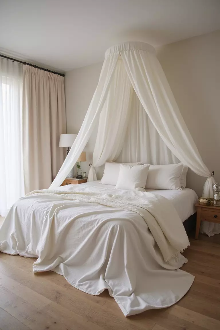 Einen Betthimmel Anbringen Ein professionelles Foto, vergleichbar mit einem Foto in einer Zeitschrift für Wohndesign, von einem Bett mit einem leichten, fließenden Stoffhimmel darüber, der eine romantische und gemütliche Atmosphäre schafft. Kein Text oder Wörter im Bild. Die Aufforderung sollte weniger als 35 Wörter umfassen und in einem einzigen Satz stehen (Sie können Kommas zur Unterbrechung verwenden).