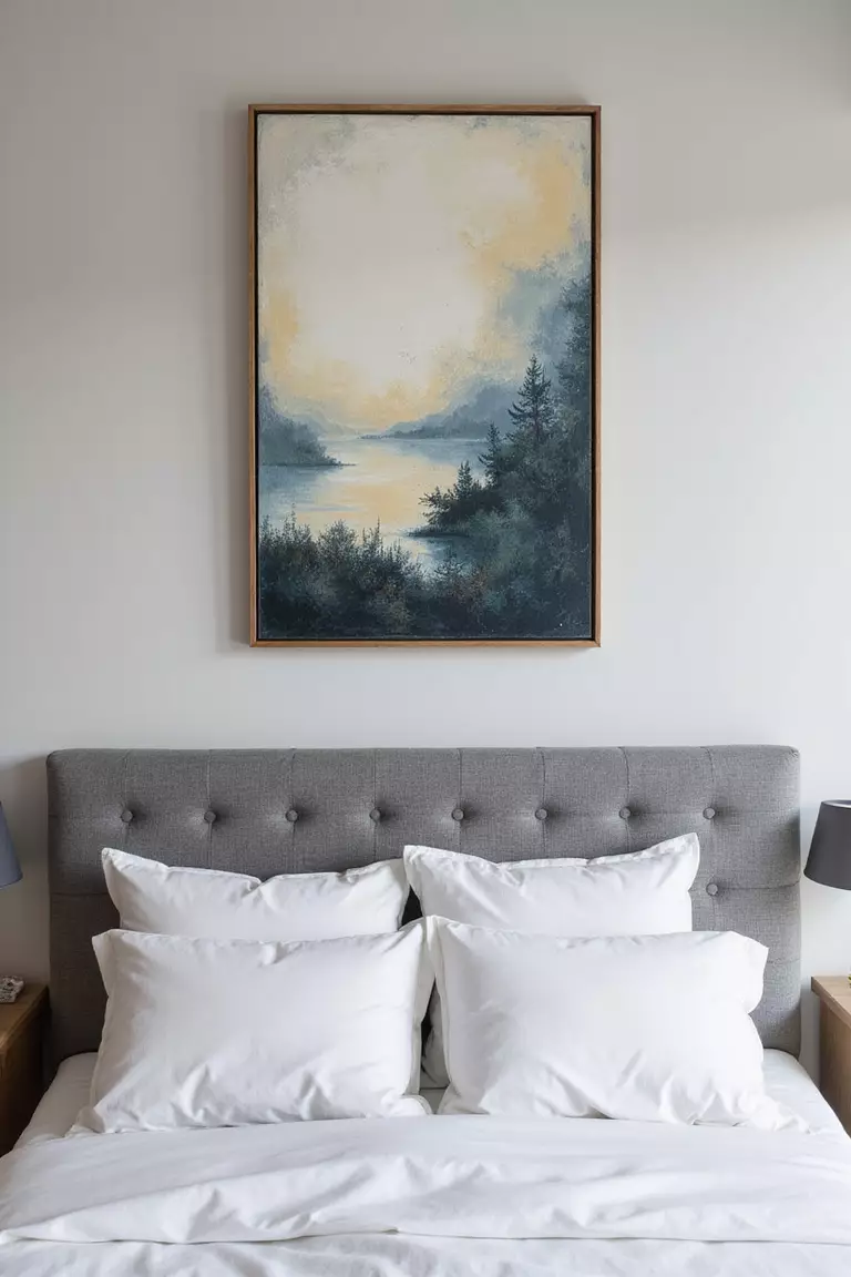 Wandkunst Aufhängen Ein professionelles Foto, vergleichbar mit einem Foto in einer Zeitschrift für Wohndesign, von beruhigender Wandkunst, wie einer Landschaftsmalerei oder abstrakten Drucken in sanften Farben, über dem Bett hängend. Kein Text oder Wörter im Bild. Die Aufforderung sollte weniger als 35 Wörter umfassen und in einem einzigen Satz stehen (Sie können Kommas zur Unterbrechung verwenden).