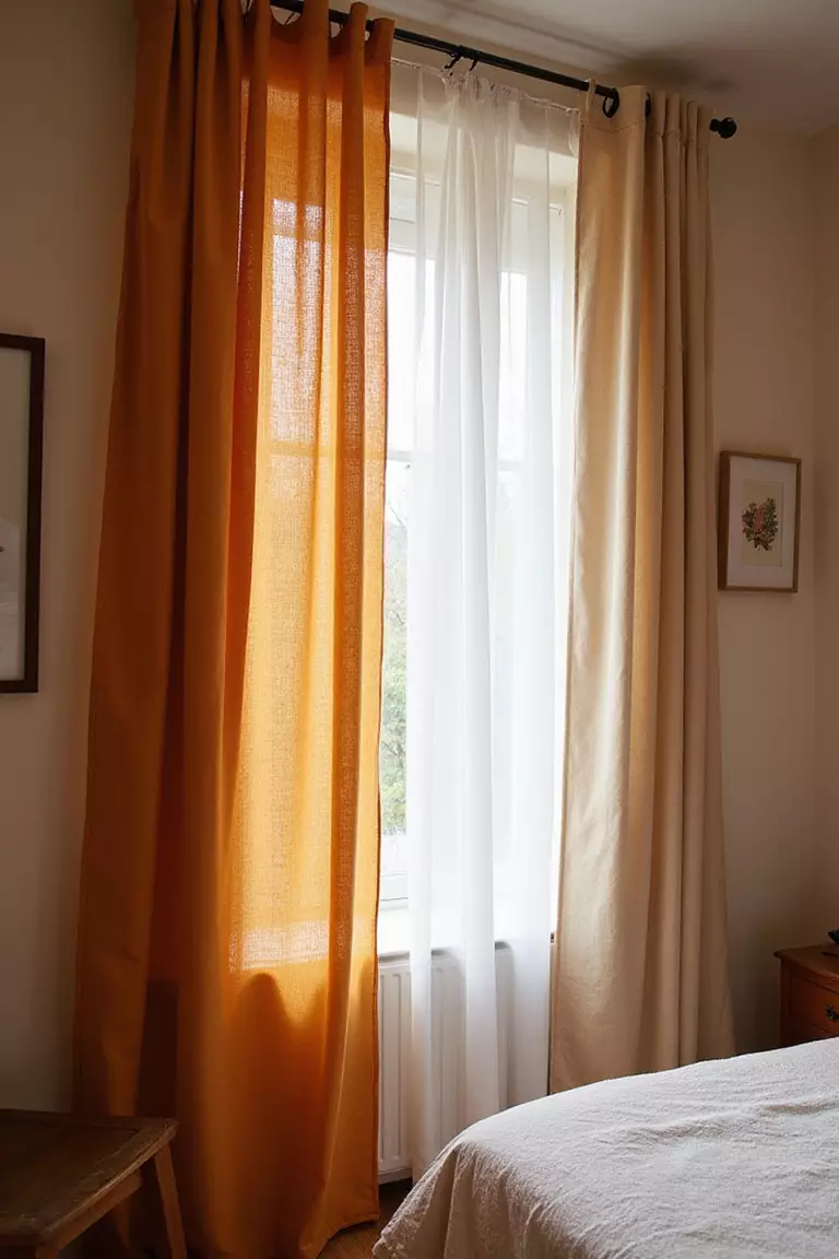 Gardinen Oder Vorhänge Anbringen Ein professionelles Foto, vergleichbar mit einem Foto in einer Zeitschrift für Wohndesign, von langen, fließenden Vorhängen in einem warmen Farbton oder aus einem schweren Stoff, die ein Fenster im Schlafzimmer schmücken. Kein Text oder Wörter im Bild. Die Aufforderung sollte weniger als 35 Wörter umfassen und in einem einzigen Satz stehen (Sie können Kommas zur Unterbrechung verwenden).