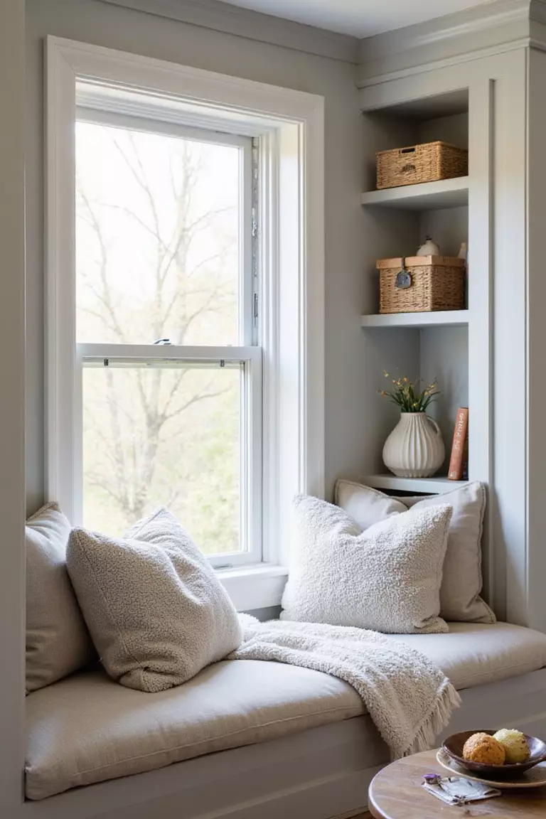 Die eigene Kuschelecke A professional photo, similar to a photo in a home design magazine, of a cozy window seat or a corner nook with plush cushions, a soft blanket, and a small bookshelf. No text or words.
