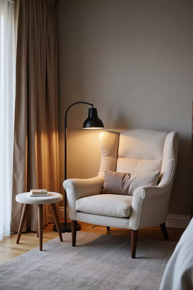 Einen Lesesessel Hinzufügen Ein professionelles Foto, vergleichbar mit einem Foto in einer Zeitschrift für Wohndesign, von einem bequemen Sessel mit einer daneben stehenden Leselampe und einem kleinen Beistelltisch in einer Ecke des Schlafzimmers. Kein Text oder Wörter im Bild. Die Aufforderung sollte weniger als 35 Wörter umfassen und in einem einzigen Satz stehen (Sie können Kommas zur Unterbrechung verwenden).
