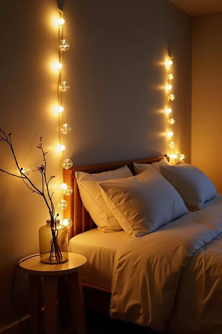 Lichterketten Aufhängen Ein professionelles Foto, vergleichbar mit einem Foto in einer Zeitschrift für Wohndesign, von zarten Lichterketten mit warmweißen Lichtern, die um einen Bettrahmen oder an einer Wand entlang drapiert sind. Kein Text oder Wörter im Bild. Die Aufforderung sollte weniger als 35 Wörter umfassen und in einem einzigen Satz stehen (Sie können Kommas zur Unterbrechung verwenden).