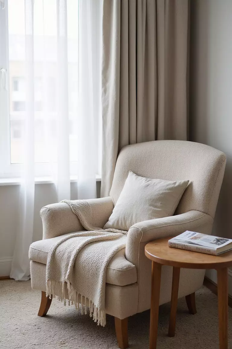 Ein bequemer Sessel A professional photo, similar to a photo in a home design magazine, of an inviting, plush armchair with a soft throw and a cushion, placed next to a small side table with a book. No text or words.