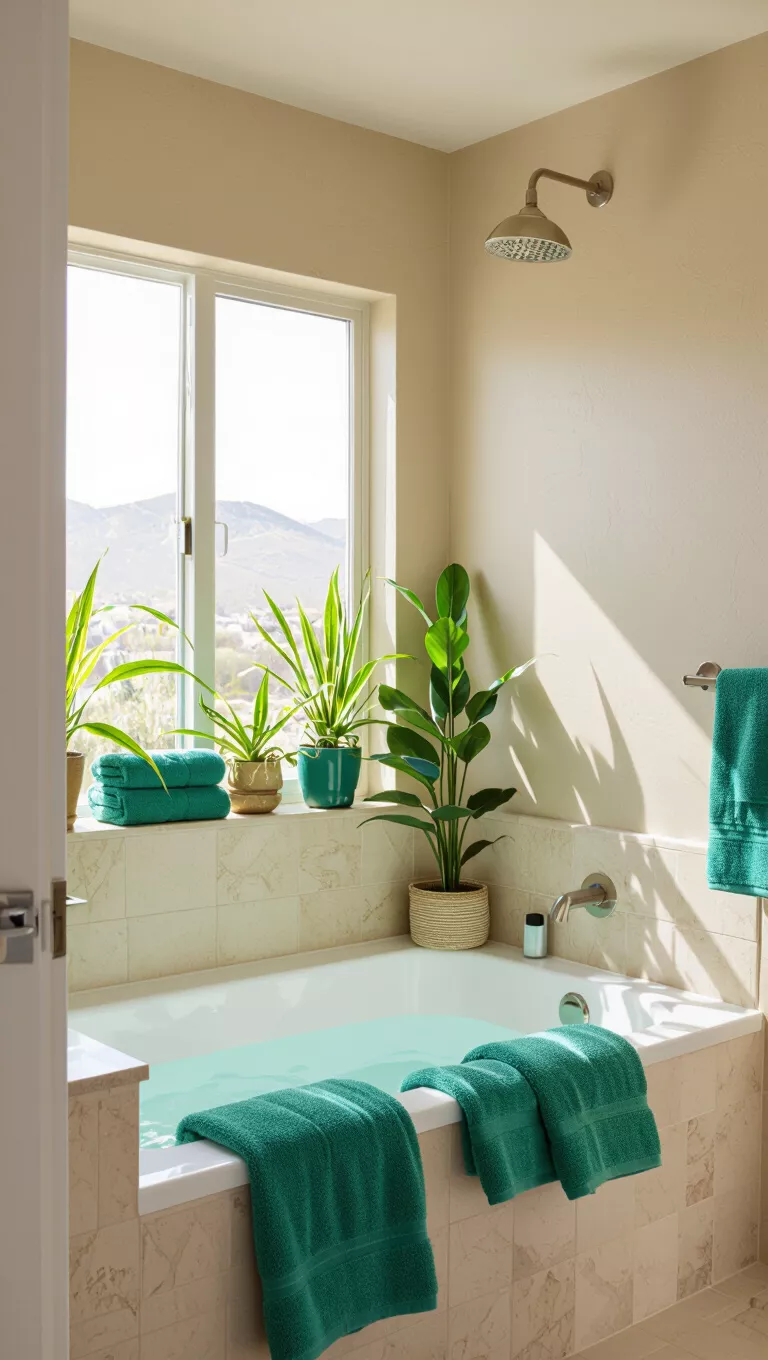Beige und Grün A bathroom with beige tones, accented by vibrant green plants and towels, a refreshing contrast.