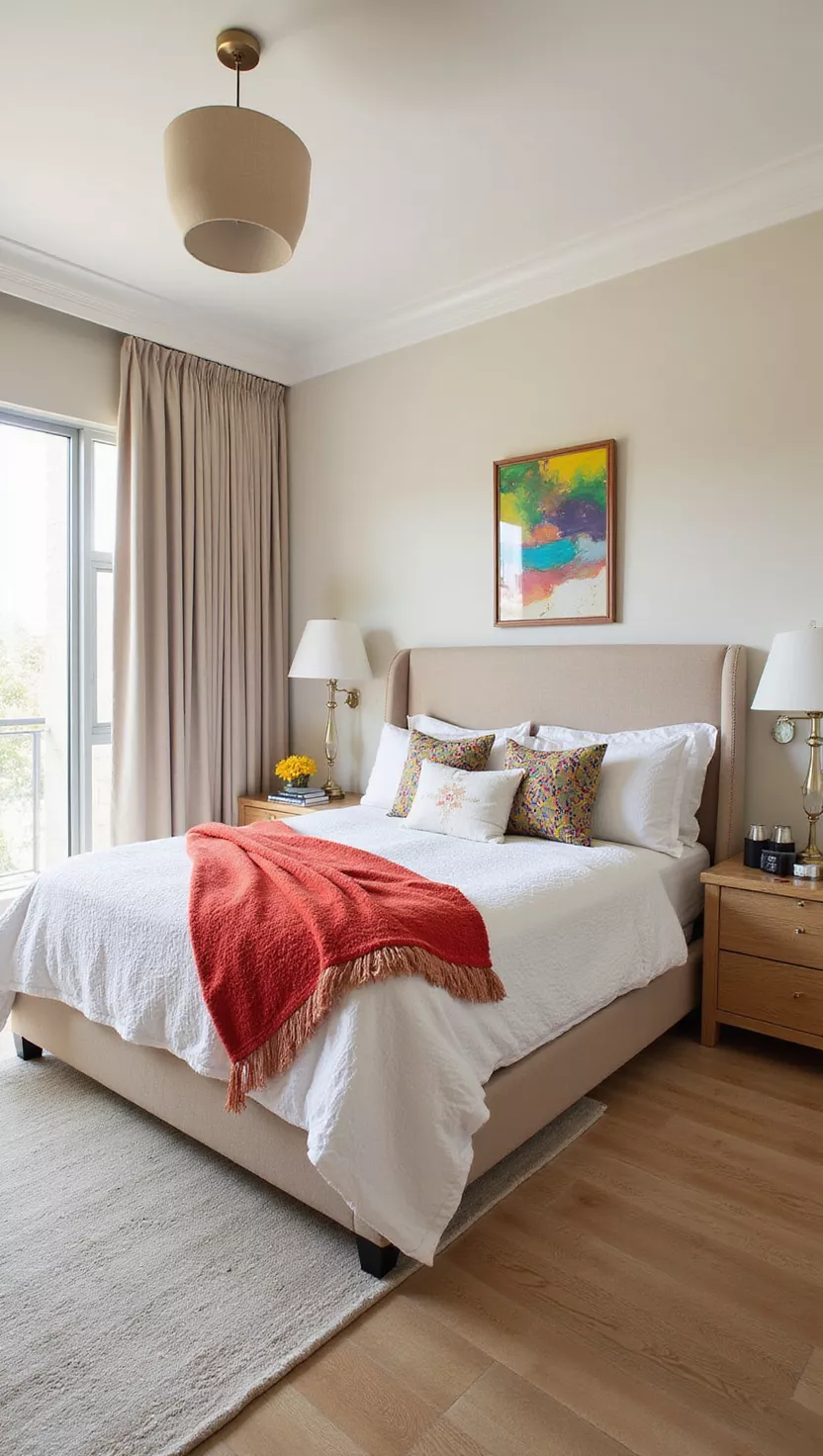 Beigefarben mit kräftigen Farben A professional photo, similar to a photo in a home design magazine, of a modern beige bedroom accented with pops of bold color through a vibrant throw blanket on the bed and a colorful piece of art.
