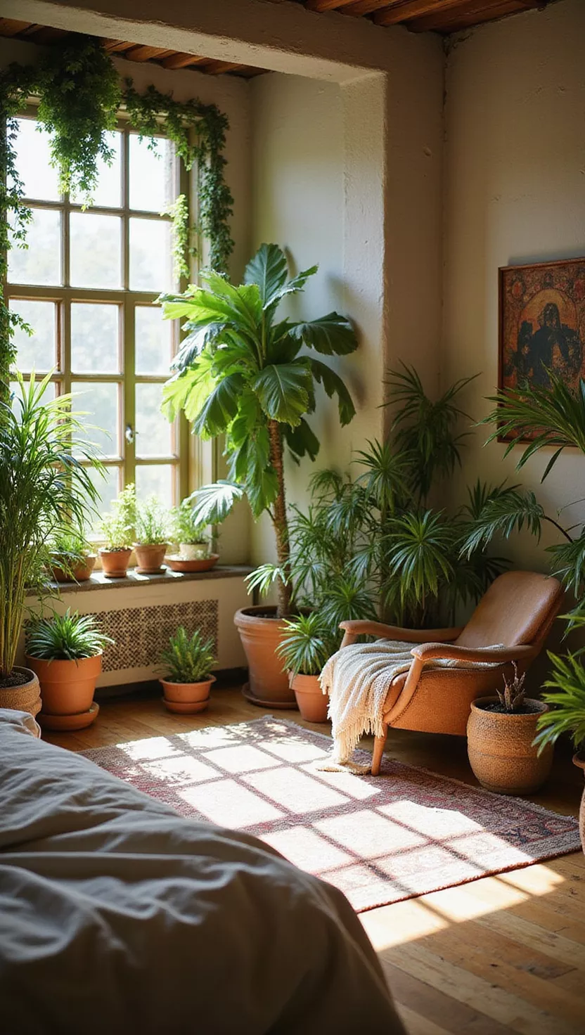 Mit Pflanzen dekorieren A boho bedroom, filled with lush green plants, warm sunlight, natural textures, and a cozy bed.