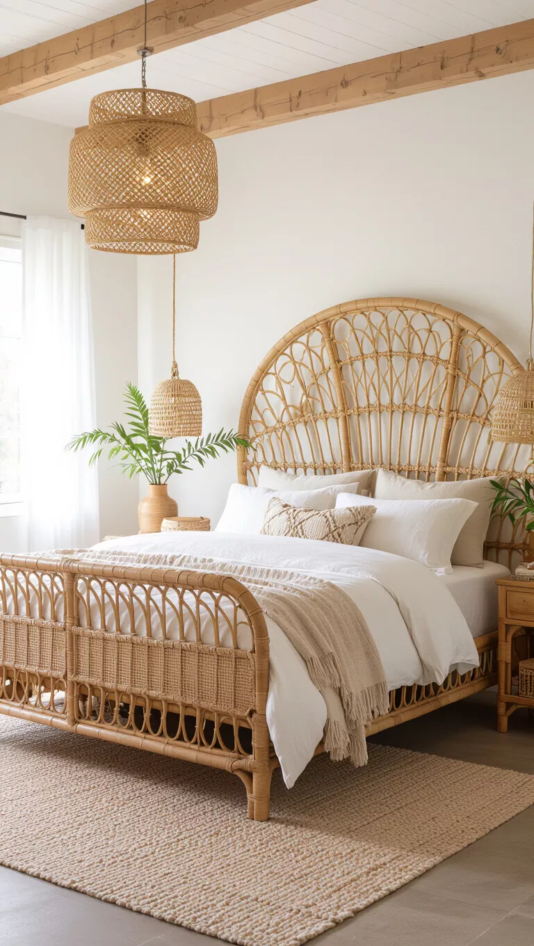 Ein auffälliges Rattanbett ausprobieren A boho bedroom, featuring a large, intricately woven rattan bed frame, soft bedding, and natural elements.