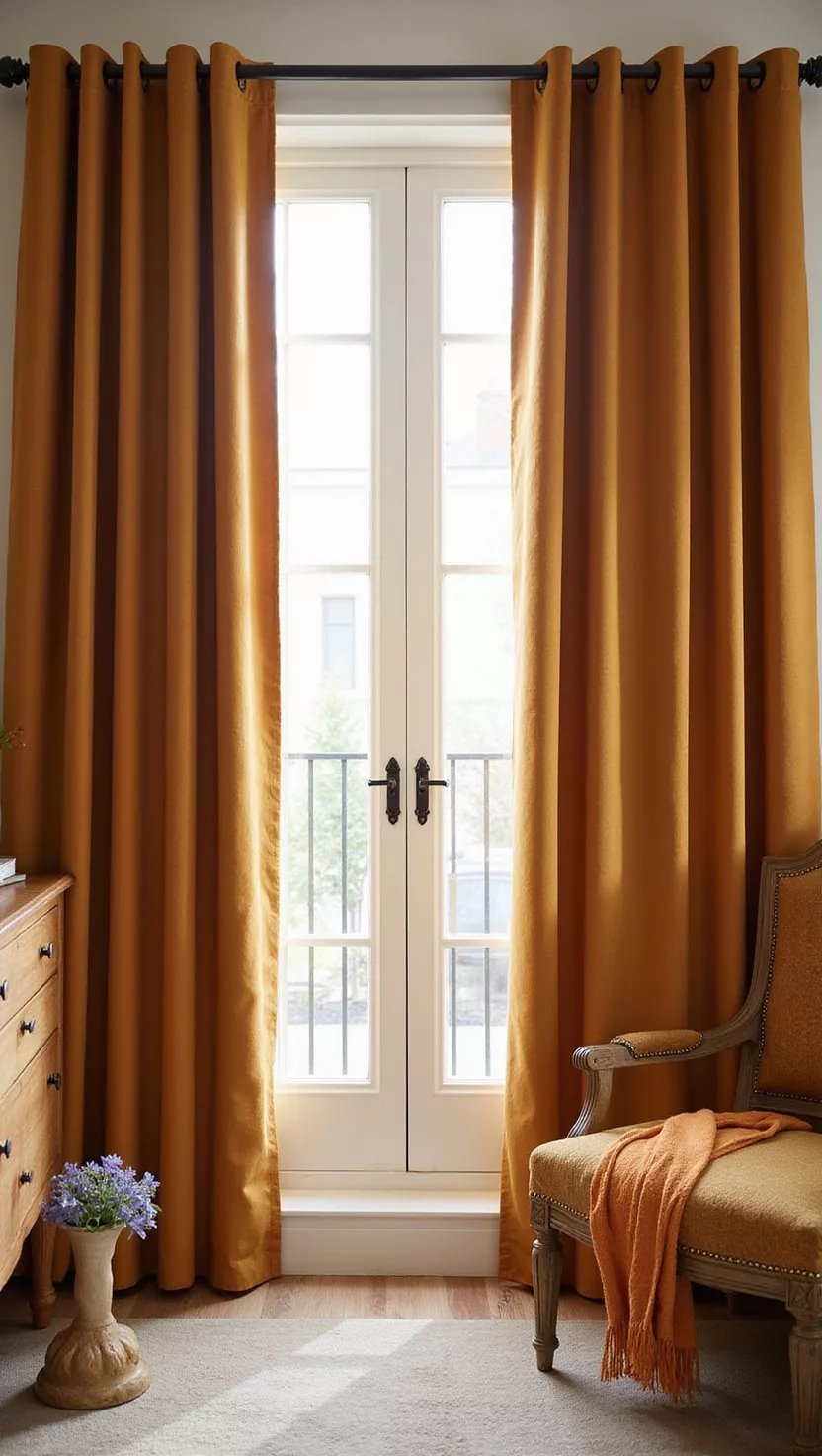 Vorhänge Anbringen A professional photo, similar to a photo in a home design magazine, of thick, insulated curtains in a rich, warm color.