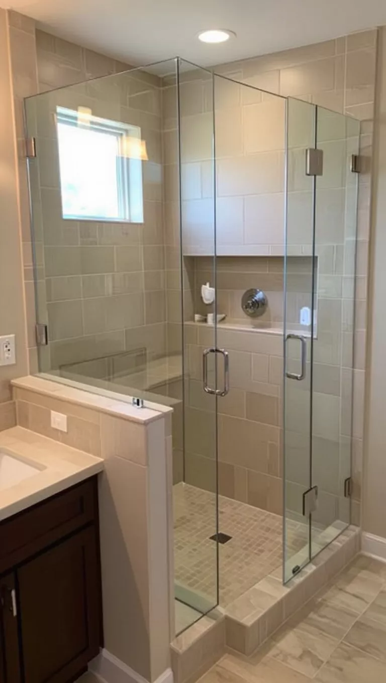 Beige mit Glasdusche A bathroom with beige tiles and walls, featuring a spacious, frameless glass shower enclosure.