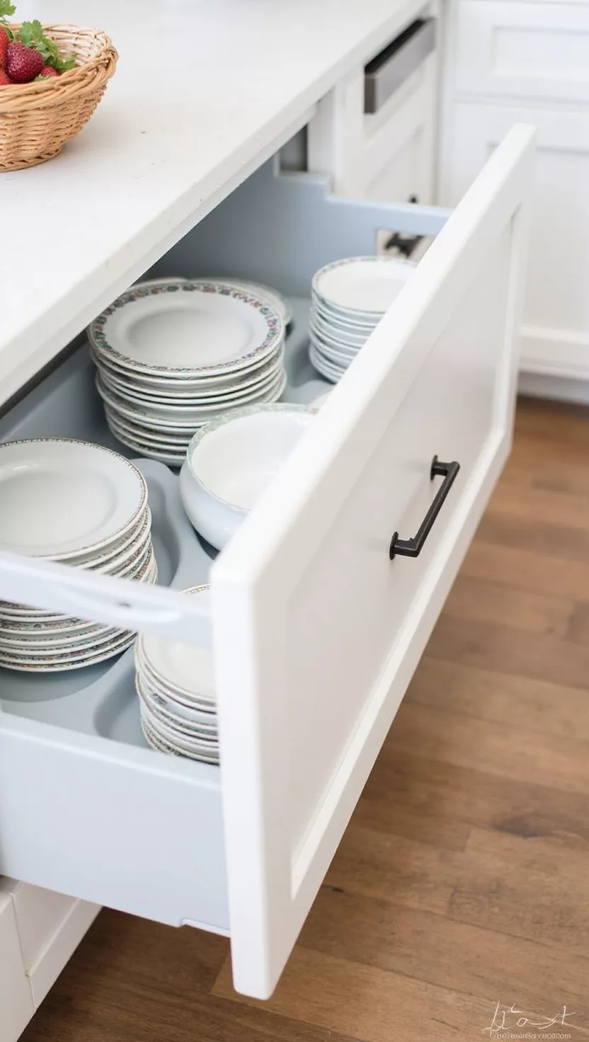 Porzellan in Schubladen aufbewahren A professional photo, similar to a photo in a home design magazine, of a kitchen drawer neatly organized with stacks of plates and bowls, using dividers.