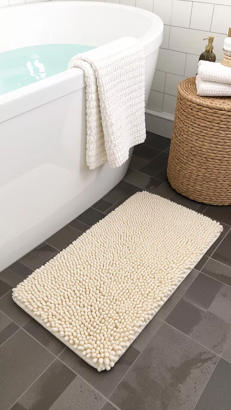 Eine hübsche Badematte auswählen A bathroom with a plush, natural fiber bath mat, adding texture and warmth to the tiled floor.