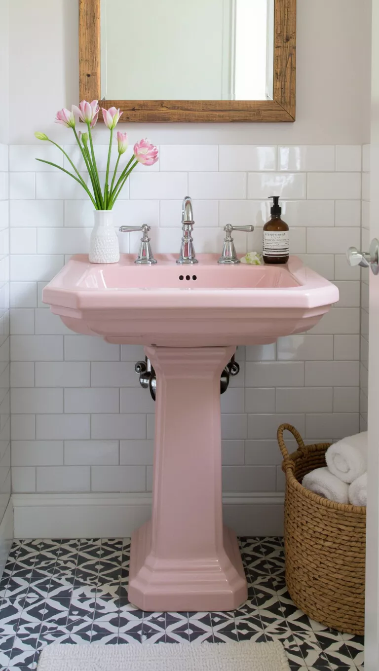 Ein farbiges Waschbecken ausprobieren A small bathroom with a unique, pale pink ceramic pedestal sink acting as a charming focal point against a crisp white tiled wall.