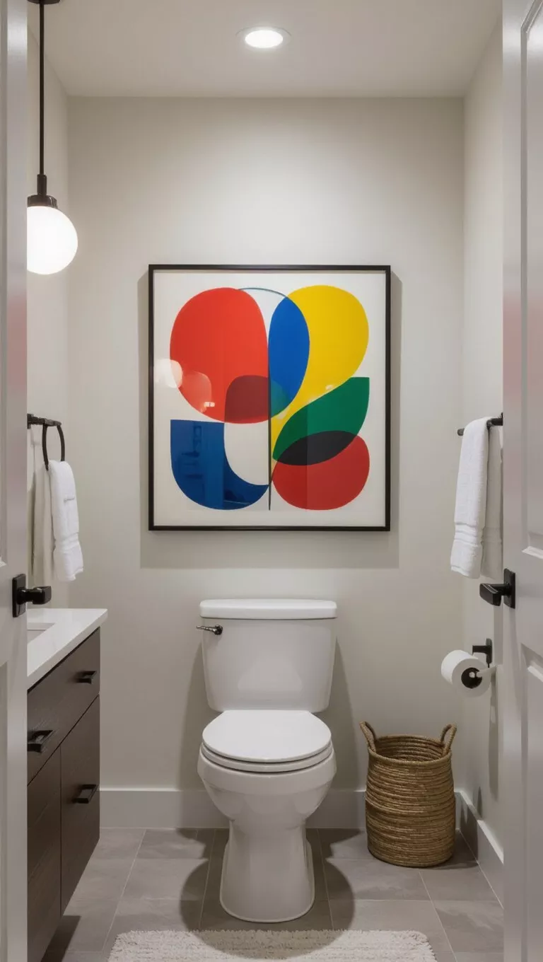A professional photo, similar to a photo in a home design magazine, of a small bathroom with a single, eye-catching piece of art, bold color, modern setting, minimalist space