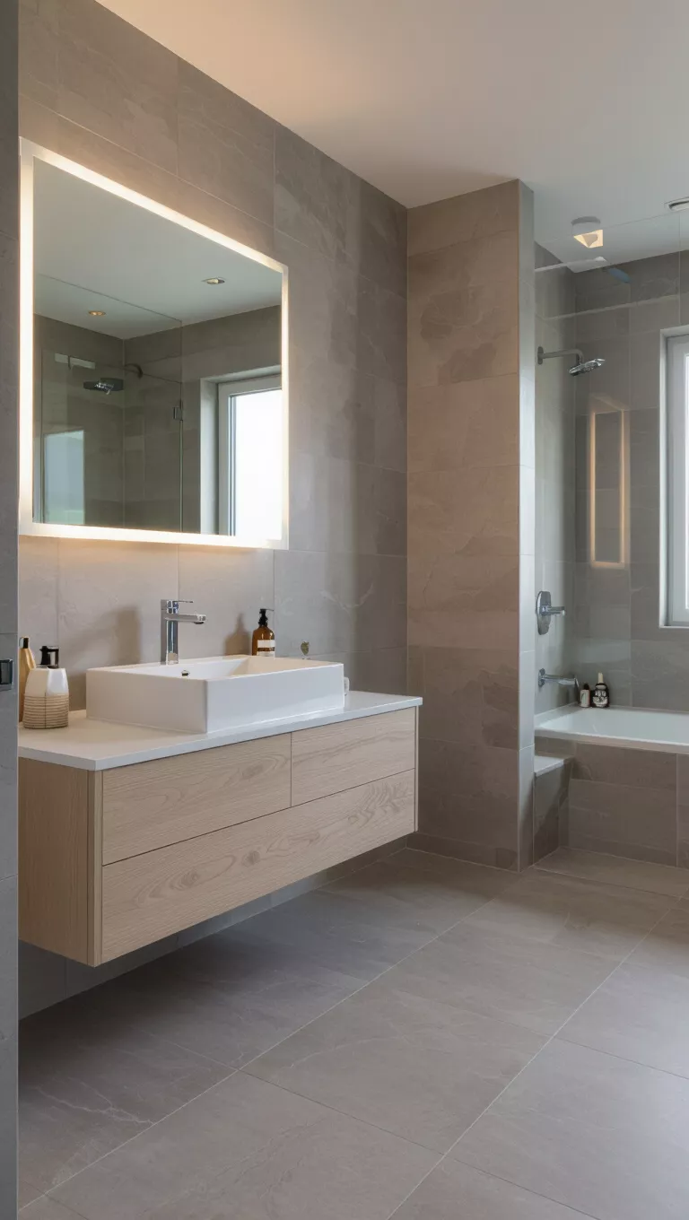 Quadratische Fliesen A modern bathroom, large format square tiles on floor and walls, uniform light grey color, floating vanity, clean and cohesive design.