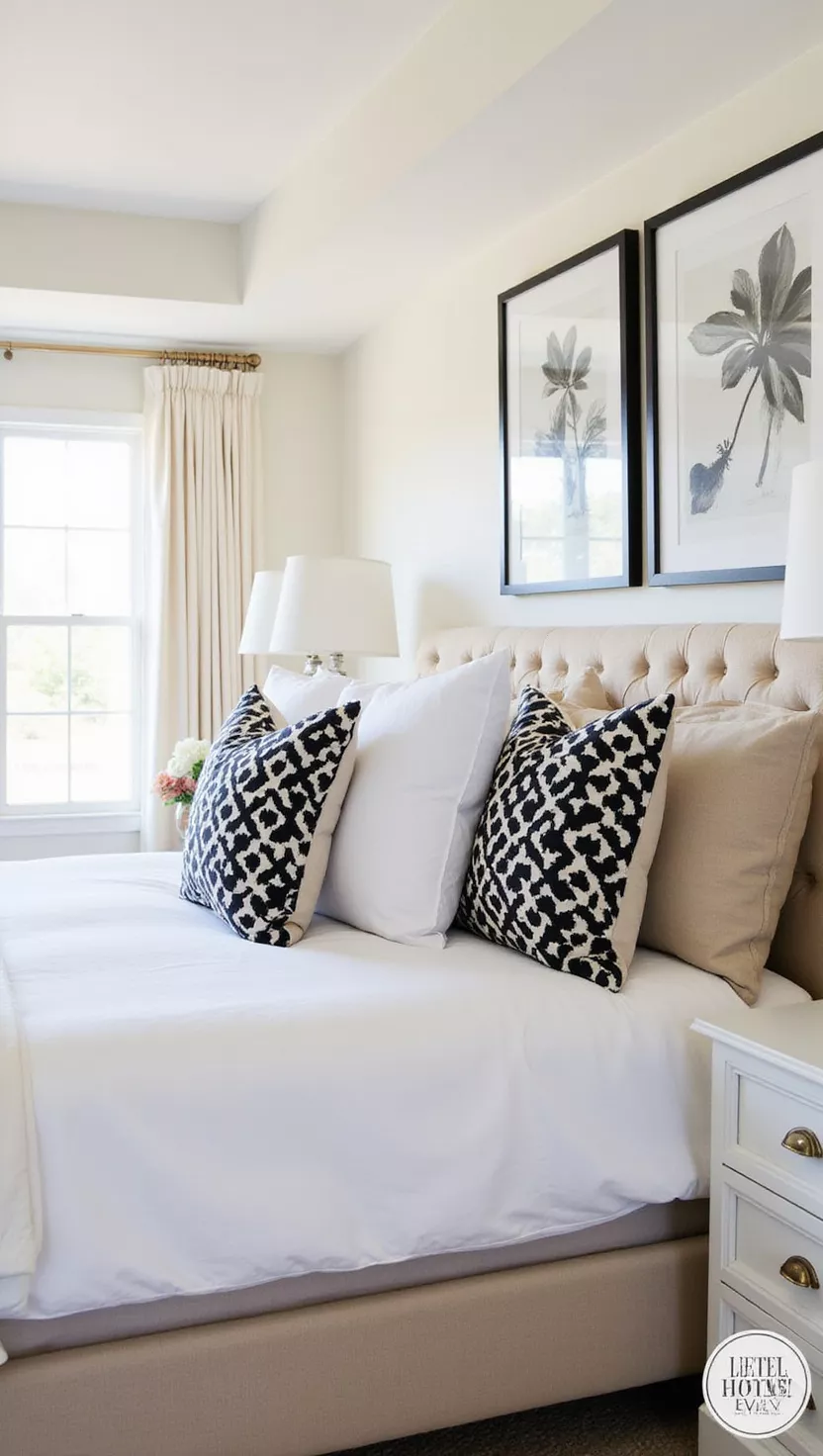 Beige mit Schwarz-Weiß A professional photo, similar to a photo in a home design magazine, of a chic bedroom blending pale beige walls and textiles with striking black and white accents through art and throw pillows.