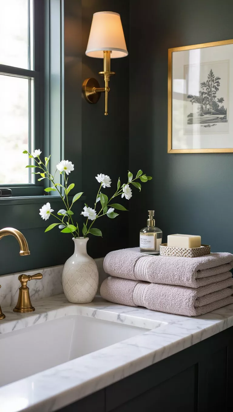 A professional photo, similar to a photo in a home design magazine, of a small bathroom with elegant brass fixtures, coordinated towels, a delicate vase, curated accessories