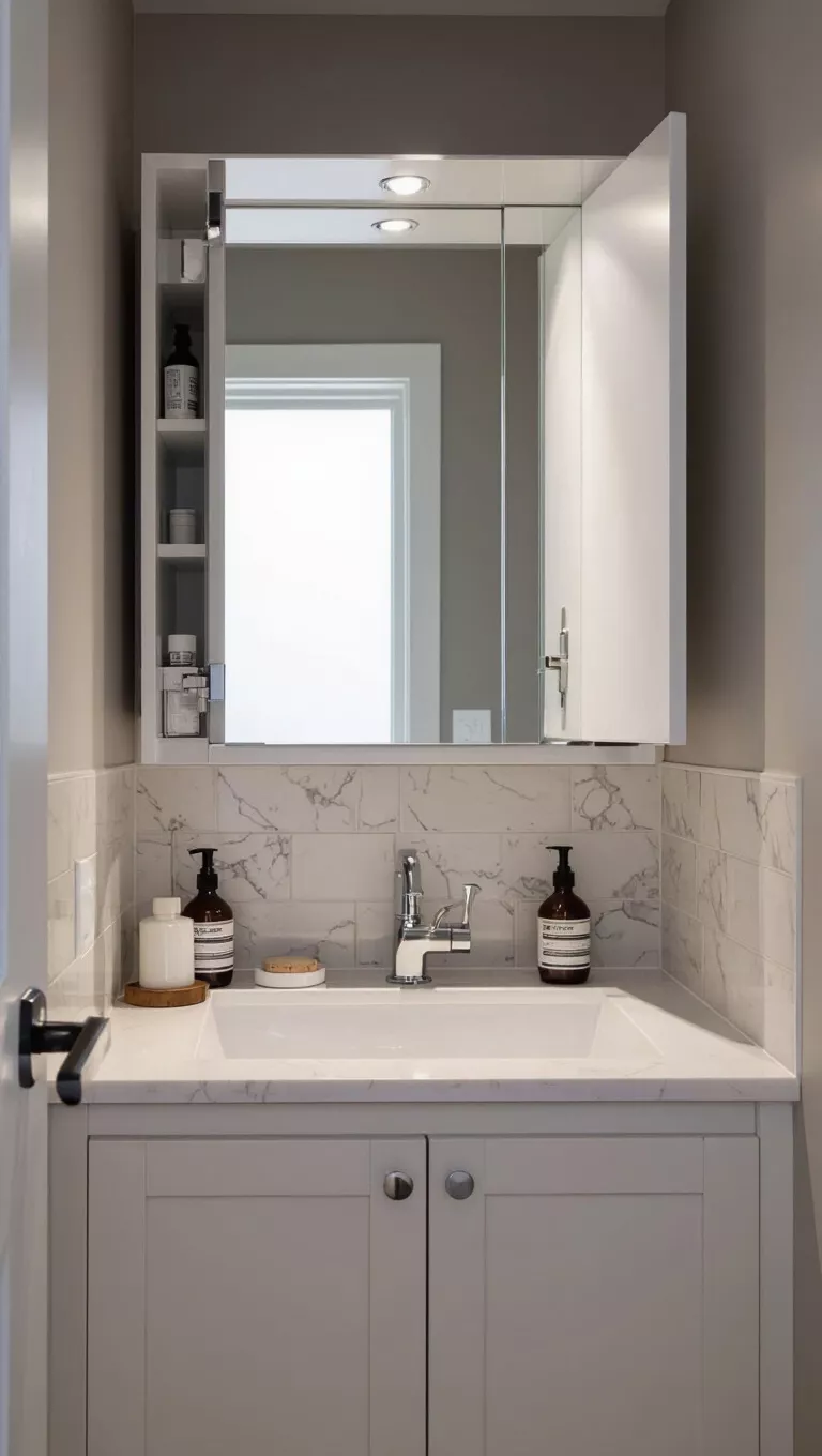 A small bathroom with a seamlessly integrated recessed medicine cabinet, flush with the wall, hidden storage
