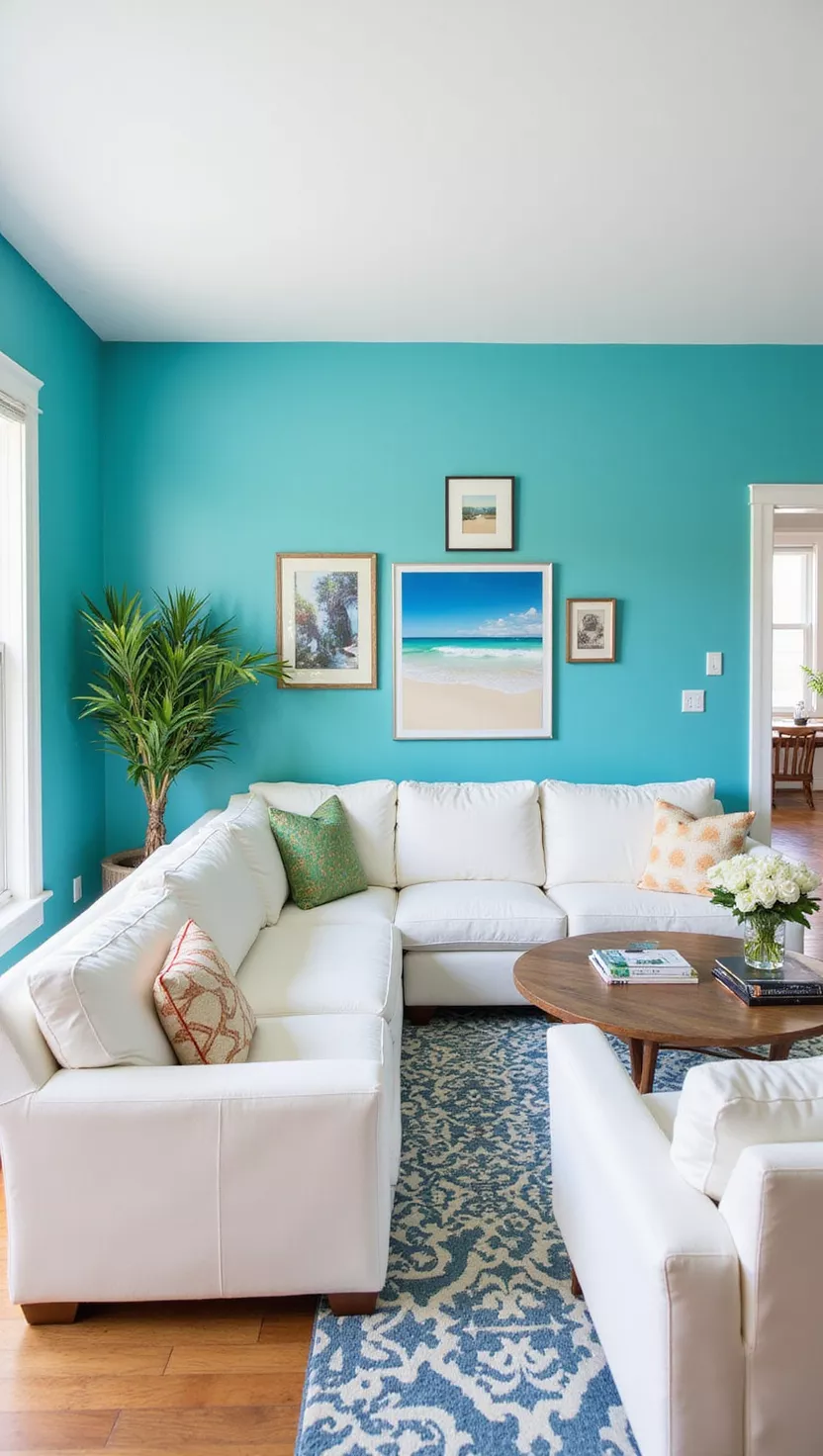 Lebhaftes Türkis A professional photo, similar to a photo in a home design magazine, of a vibrant living room with turquoise accent wall, modern art, and sleek white furniture.