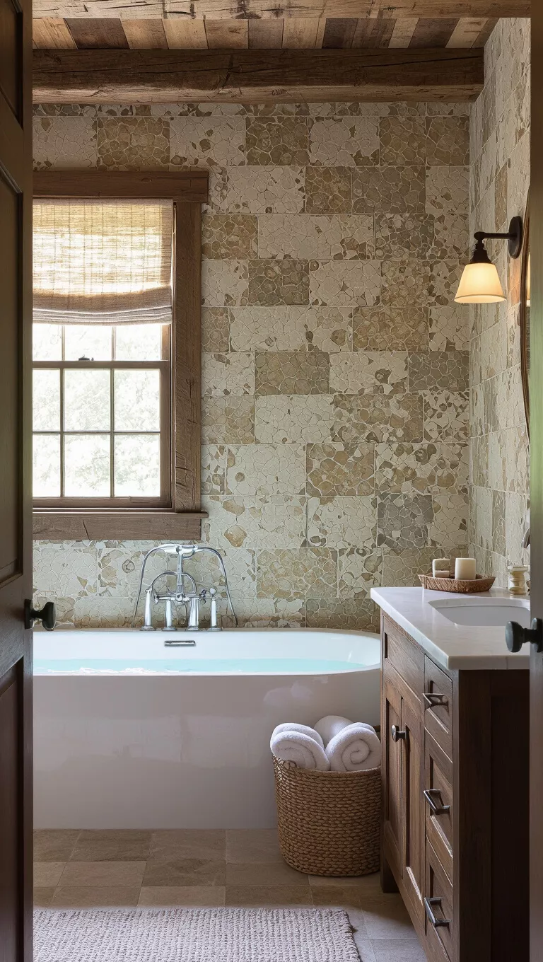 Naturmaterialien einsetzen A rustic bathroom with a feature wall covered in a textured, rustic wallpaper simulating distressed wood or natural stone.