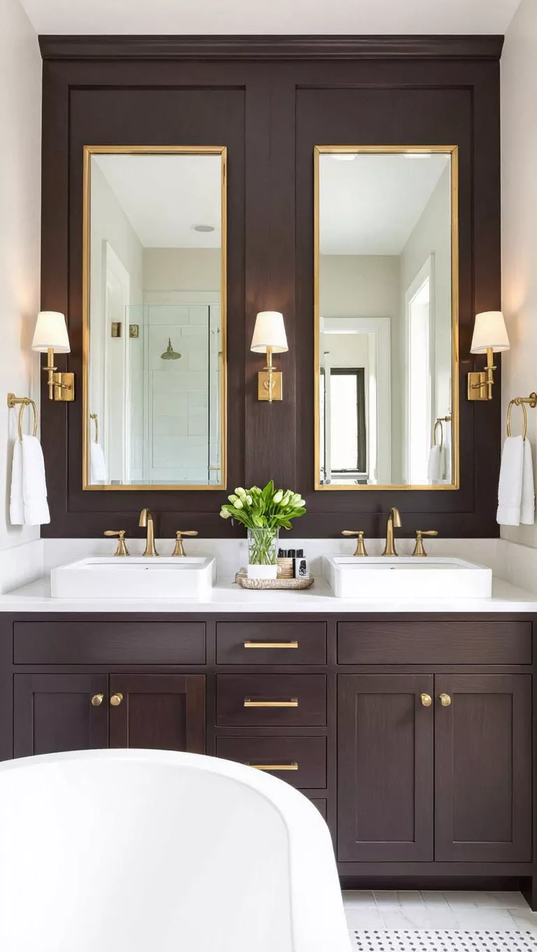 Symmetrisch gestalten A bathroom with twin sinks, identical mirrors, and matching sconces, creating a sense of balance and order.
