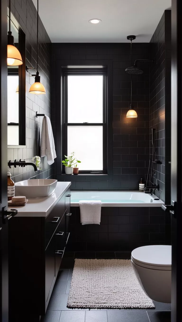 A professional photo, similar to a photo in a home design magazine, of a chic small bathroom with matte black fixtures, dark tiles, minimalist design, elegant lighting