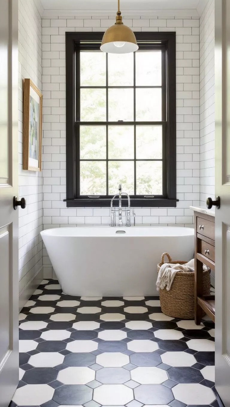 Bodenfliesen nicht vergessen A bathroom floor with classic large format hex tiles, creating a bold, elegant statement.