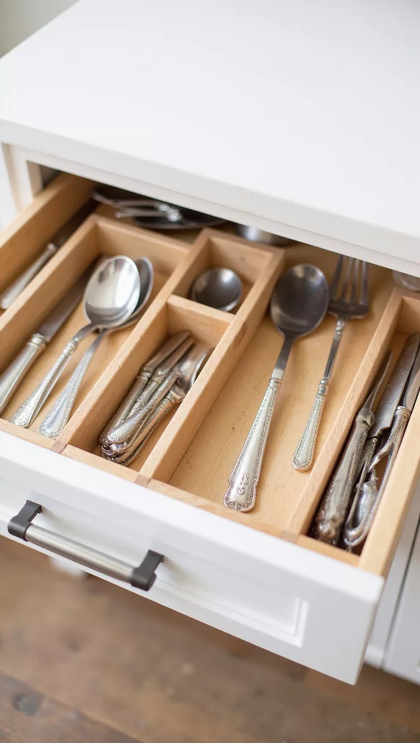 Schubladenfläche aufteilen A professional photo, similar to a photo in a home design magazine, of a drawer with custom-fit wooden dividers, organizing cutlery and kitchen utensils perfectly.