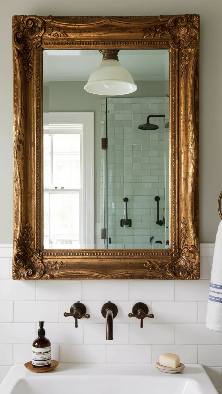 A bathroom featuring unique, quirky details like a vintage mirror frame, an unusual light fixture, and whimsical towel hooks.