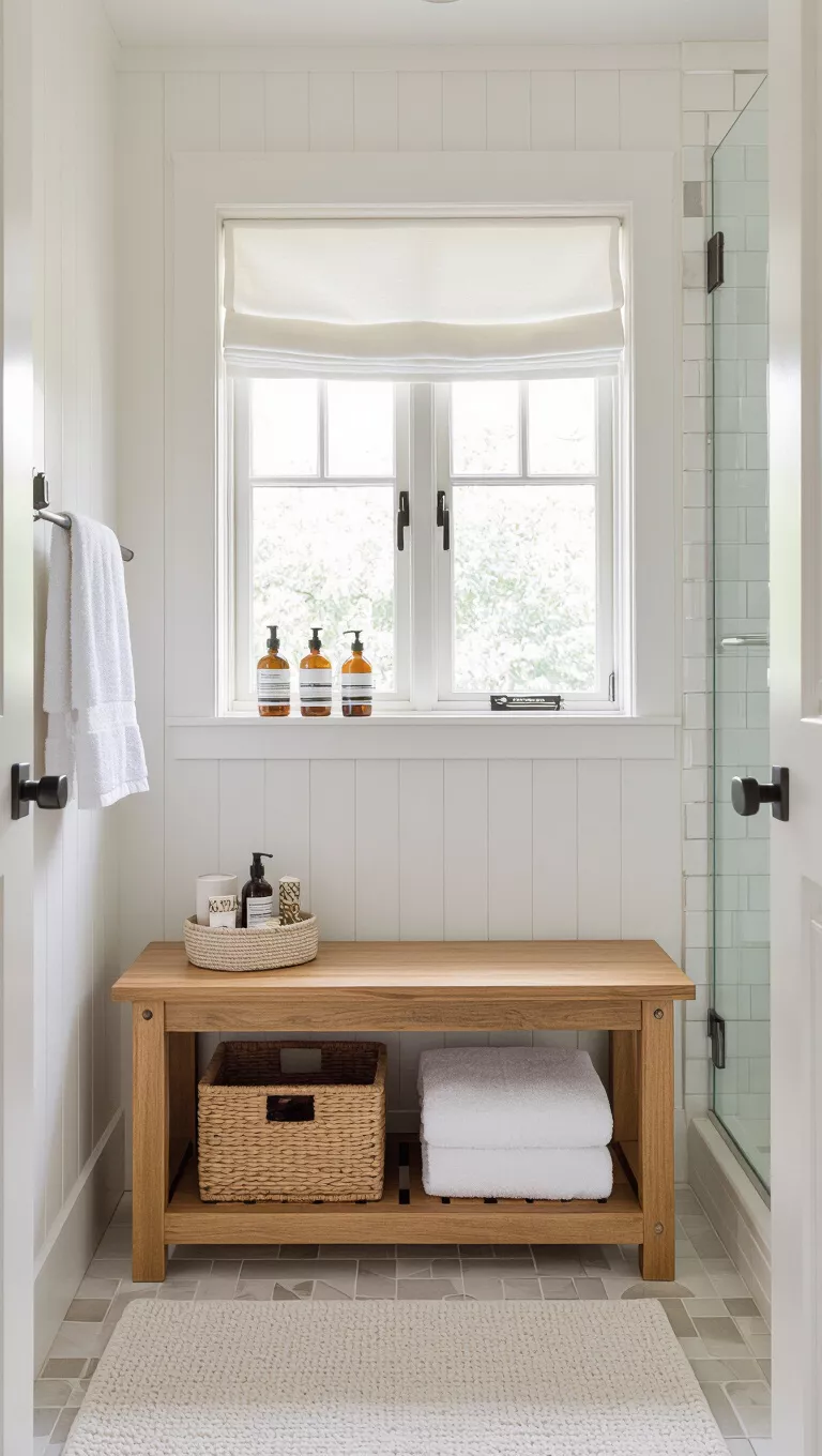 A professional photo, similar to a photo in a home design magazine, of a small bathroom with a compact wooden bench, storage underneath, useful for towels or toiletries