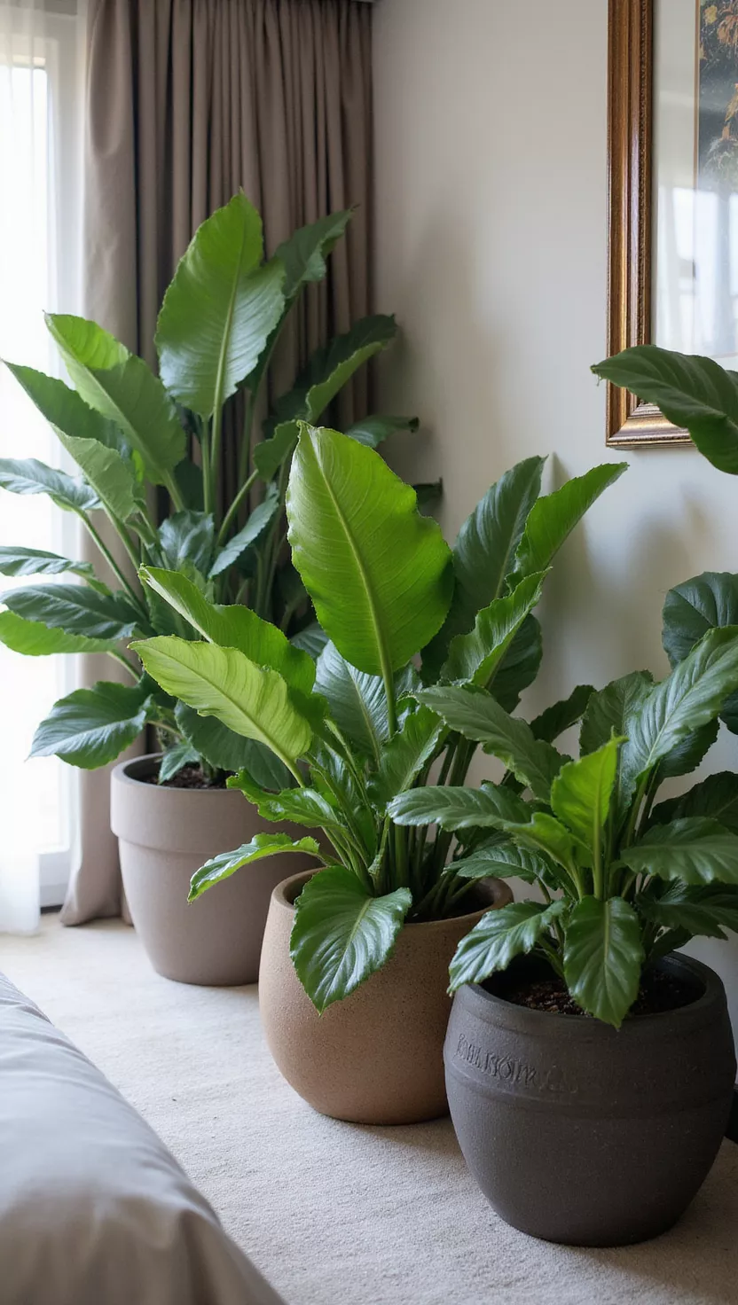 A luxury bedroom, featuring various lush green plants in stylish pots, adding a touch of nature, freshness, and vibrant life to the space.
