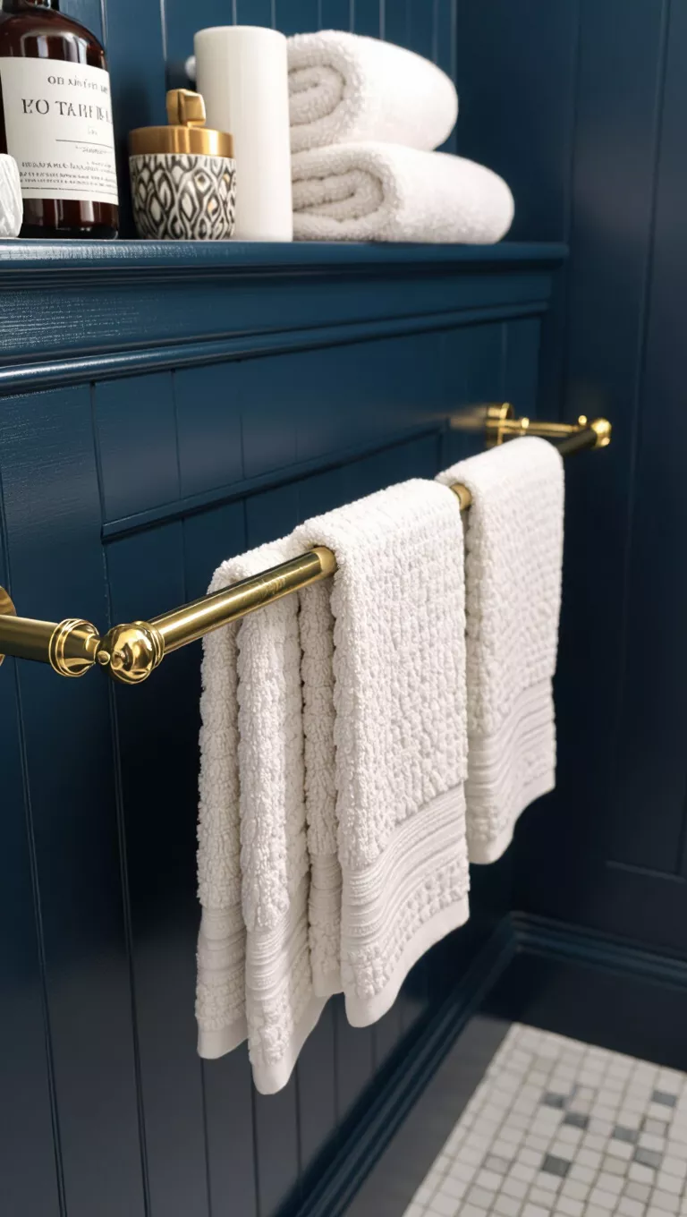 Eine Messing-Regalschiene anbringen A bathroom with a polished brass rail extending along a wall, holding towels and small decorative items.